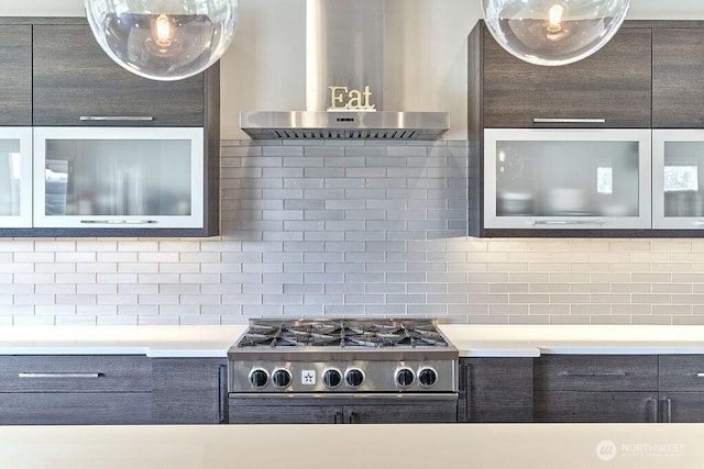 3319 Burnett Ave N, Renton, WA 98056 - kitchen with backsplash, wall chimney exhaust hood, range, and glass insert cabinets
