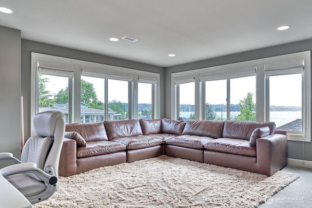 3319 Burnett Ave N, Renton, WA 98056 - carpeted living room with recessed lighting, plenty of natural light, and a water view