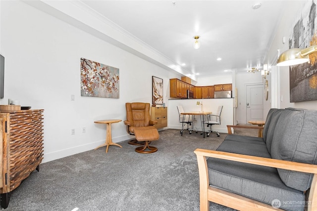 1015 Railroad Ave Unit 405, Bellingham, WA 98225 - carpeted living room featuring ornamental molding, baseboards, and recessed lighting