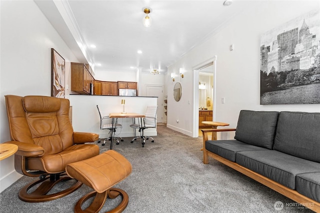 1015 Railroad Ave Unit 405, Bellingham, WA 98225 - living area with ornamental molding, light carpet, recessed lighting, and baseboards
