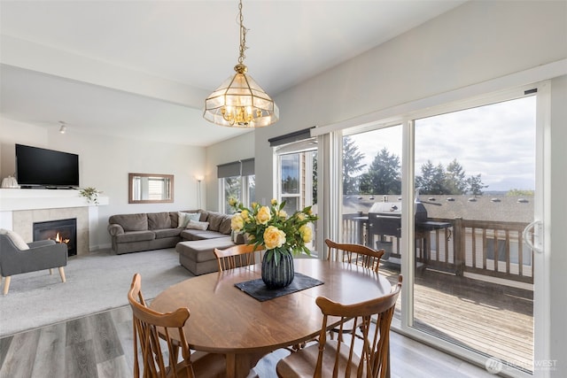 dining room with a chandelier, wood finished floors, and a fireplace