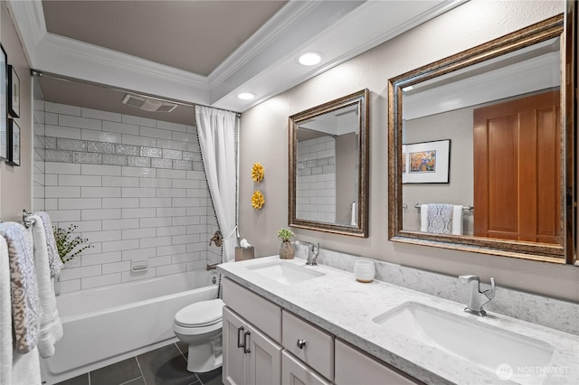 10811 164th Pl NE, Redmond, WA 98052 - full bath featuring ornamental molding, double vanity, shower / bath combination with curtain, toilet, and tile patterned flooring