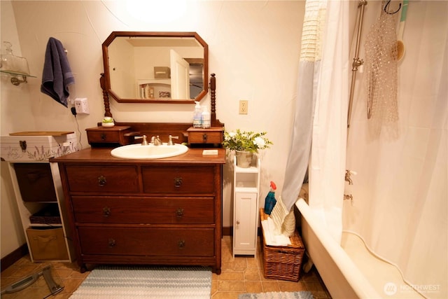bathroom with vanity, tile patterned floors, and shower / bath combo
