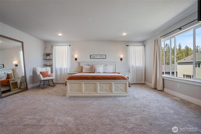 bedroom with carpet, baseboards, and recessed lighting