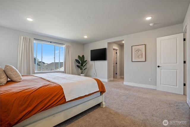 bedroom featuring carpet, baseboards, and recessed lighting