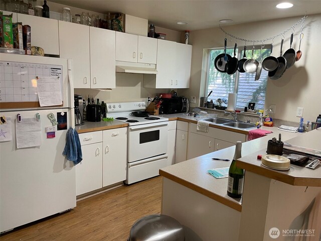 10202 1st Ave NW, Seattle, WA 98177 - kitchen with white appliances, a sink, under cabinet range hood, light wood finished floors, and a peninsula