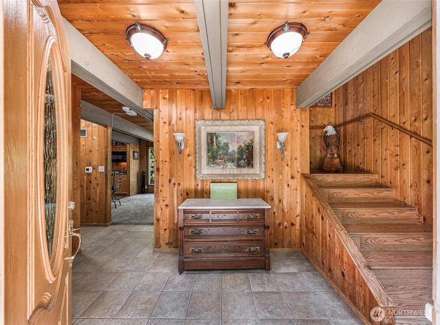 1418 E Blackburn Rd, Mount Vernon, WA 98274 - corridor with wood ceiling, beamed ceiling, and wooden walls