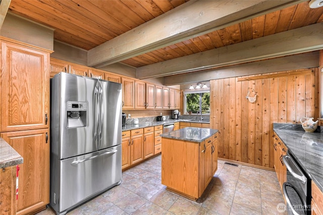 1418 E Blackburn Rd, Mount Vernon, WA 98274 - kitchen featuring stainless steel appliances, wooden ceiling, a sink, a center island, and beam ceiling