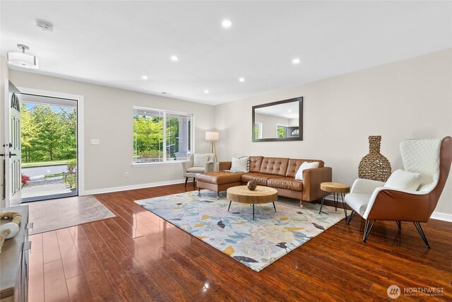 living room with wood-type flooring, baseboards, and recessed lighting