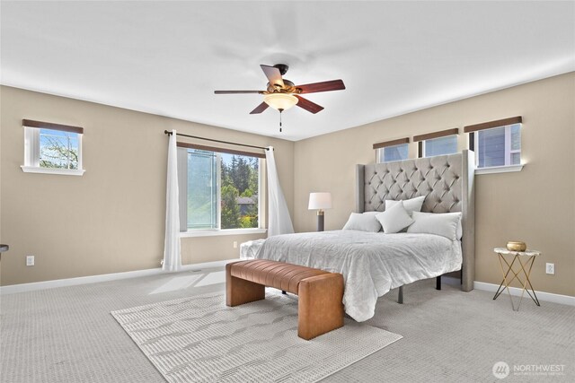 bedroom with multiple windows, baseboards, carpet flooring, and a ceiling fan