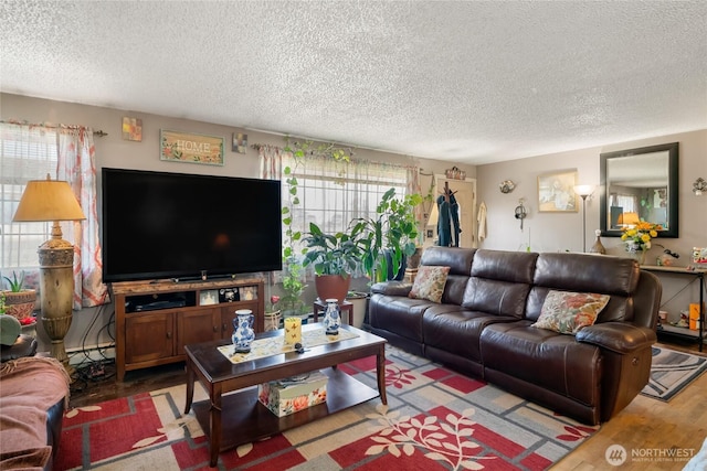 living room featuring a textured ceiling, wood finished floors, and a baseboard radiator