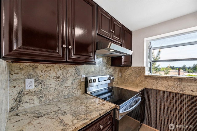 12050 15th Ave NE Unit 404, Seattle, WA 98125 - kitchen featuring stainless steel electric range, under cabinet range hood, dark brown cabinets, light stone countertops, and decorative backsplash