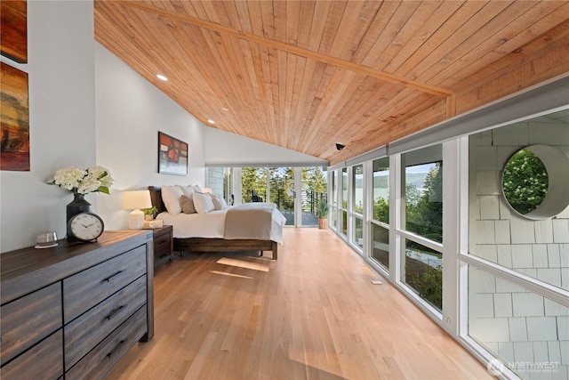 bedroom with wooden ceiling, light wood finished floors, access to exterior, and vaulted ceiling