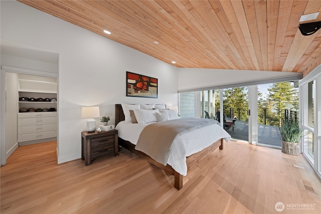 bedroom with access to outside, wood ceiling, light wood-style floors, recessed lighting, and lofted ceiling