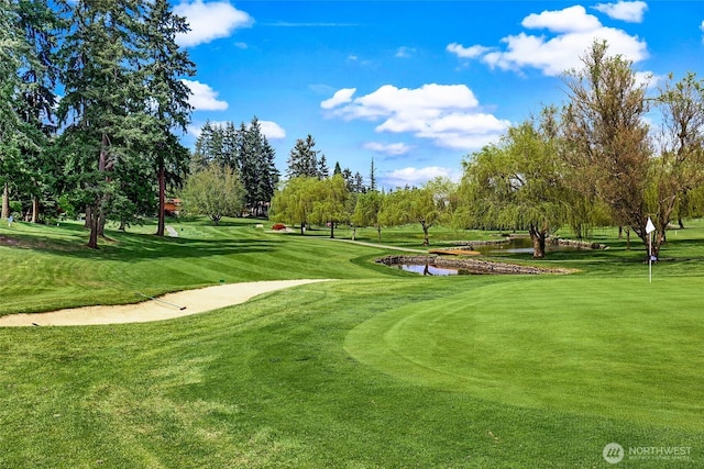 view of property's community featuring view of golf course, a water view, view of scattered trees, and a lawn