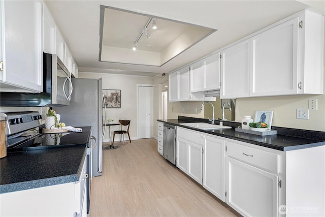 9201 NE Juanita Dr Unit 205, Kirkland, WA 98034 - kitchen featuring stainless steel appliances, a tray ceiling, light wood-style floors, rail lighting, and white cabinets