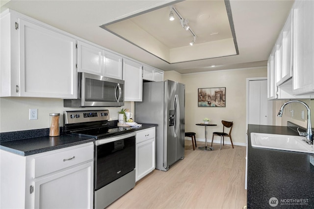 9201 NE Juanita Dr Unit 205, Kirkland, WA 98034 - kitchen featuring stainless steel appliances, a tray ceiling, white cabinetry, light wood-style floors, and a sink