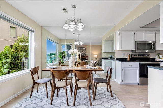 9201 NE Juanita Dr Unit 205, Kirkland, WA 98034 - dining space featuring a chandelier, light wood-style flooring, and baseboards