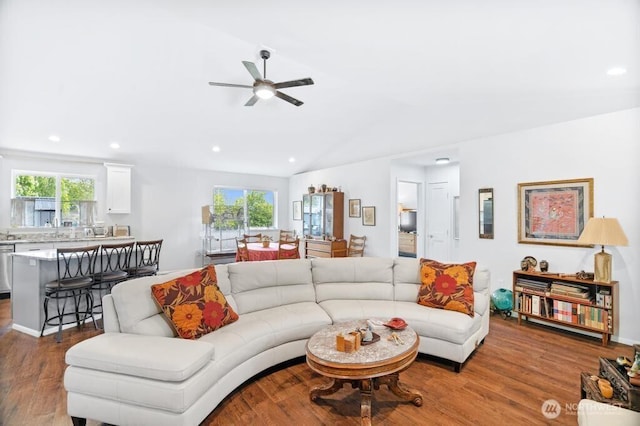 6 SE 16th St, Chehalis, WA 98532 - living area with vaulted ceiling, recessed lighting, a healthy amount of sunlight, ceiling fan, and wood finished floors