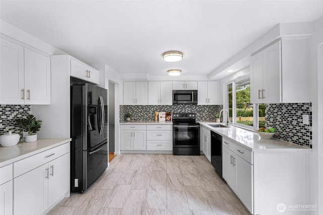 12219 SE 64th Pl, Bellevue, WA 98006 - kitchen with black appliances, tasteful backsplash, white cabinets, and light countertops