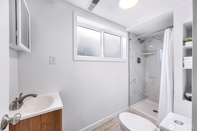 12219 SE 64th Pl, Bellevue, WA 98006 - full bathroom featuring toilet, baseboards, curtained shower, vanity, and marble finish flooring