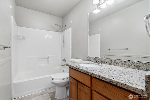 full bath with toilet, bathing tub / shower combination, and vanity
