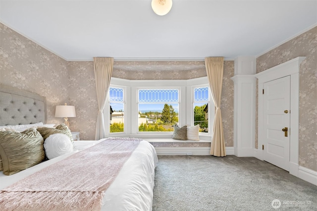 2234 Main St, Ferndale, WA 98248 - carpeted bedroom with wallpapered walls, crown molding, and baseboards