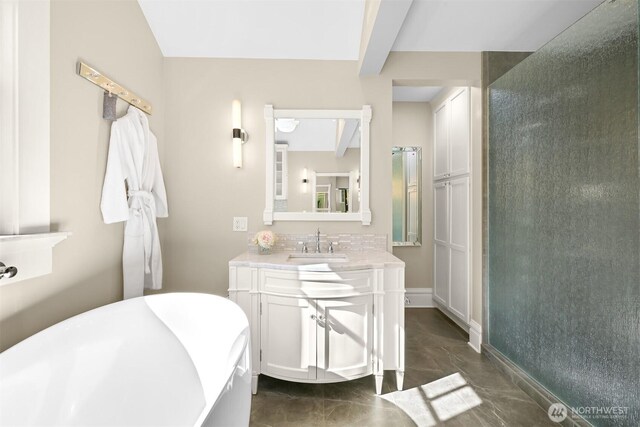 2234 Main St, Ferndale, WA 98248 - full bath featuring a soaking tub, vanity, and beamed ceiling