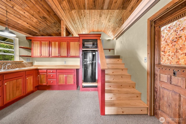 2234 Main St, Ferndale, WA 98248 - kitchen featuring black microwave, wooden ceiling, lofted ceiling, a sink, and wall oven