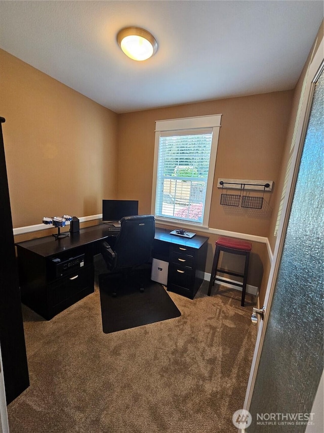 carpeted office with baseboards