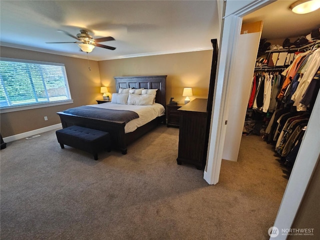 bedroom featuring a ceiling fan, a closet, crown molding, a spacious closet, and carpet floors
