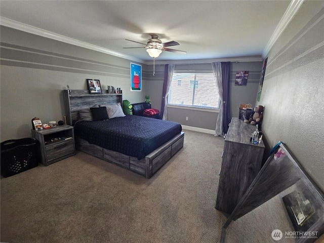 carpeted bedroom featuring ceiling fan, ornamental molding, and baseboards