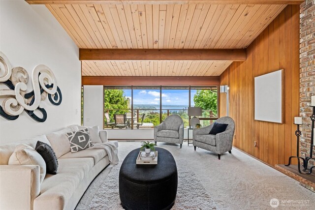 517 S 212th St, Des Moines, WA 98198 - carpeted living room with wood ceiling, beam ceiling, and wood walls