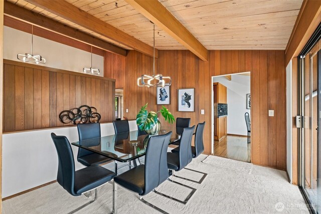 517 S 212th St, Des Moines, WA 98198 - carpeted dining room featuring wooden ceiling, wood walls, and a chandelier
