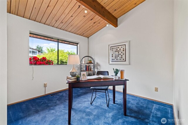 517 S 212th St, Des Moines, WA 98198 - carpeted home office with wood ceiling, baseboards, and track lighting