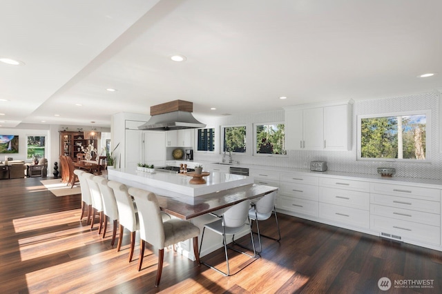 kitchen with island exhaust hood, a sink, white cabinets, visible vents, and light countertops