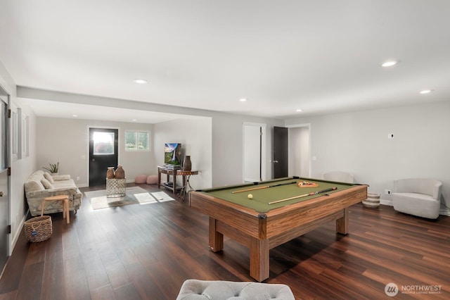 recreation room featuring recessed lighting, wood finished floors, baseboards, and pool table