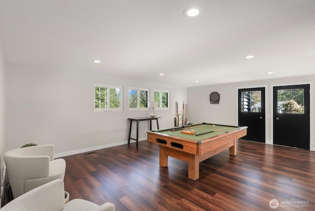 recreation room with recessed lighting, dark wood-style flooring, and pool table