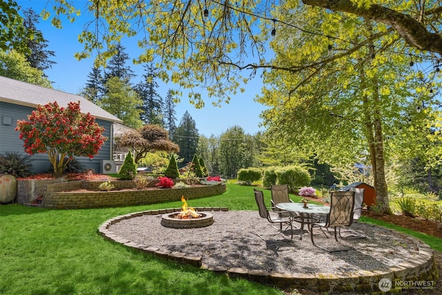 view of yard featuring an outdoor fire pit and a patio