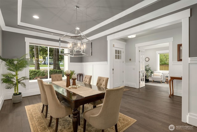 4161 86th Ave SE, Mercer Island, WA 98040 - dining space with a tray ceiling, a chandelier, crown molding, a wainscoted wall, and dark wood-style floors
