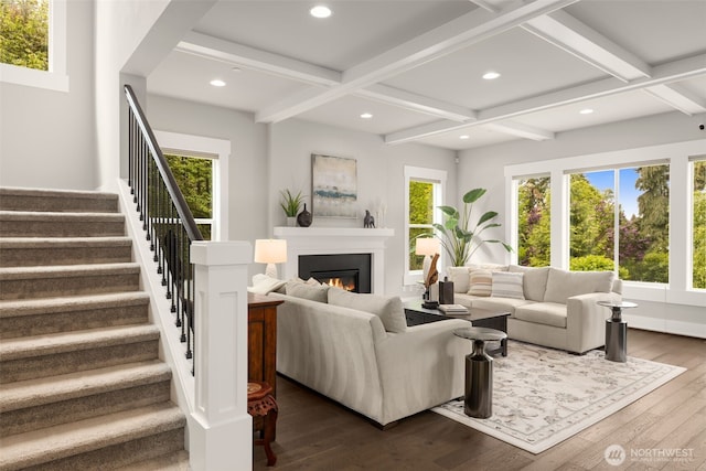 4161 86th Ave SE, Mercer Island, WA 98040 - living room featuring stairs, a glass covered fireplace, wood-type flooring, beam ceiling, and recessed lighting