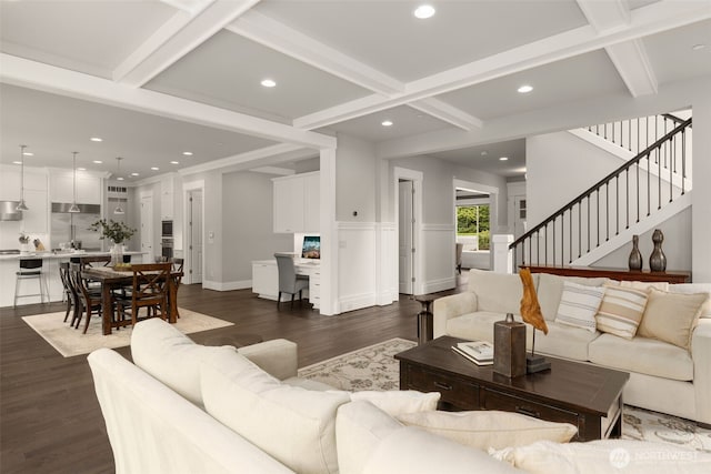 4161 86th Ave SE, Mercer Island, WA 98040 - living room with dark wood-style floors, beamed ceiling, coffered ceiling, recessed lighting, and stairway