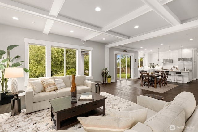 4161 86th Ave SE, Mercer Island, WA 98040 - living room featuring light wood-style flooring, recessed lighting, beam ceiling, and coffered ceiling