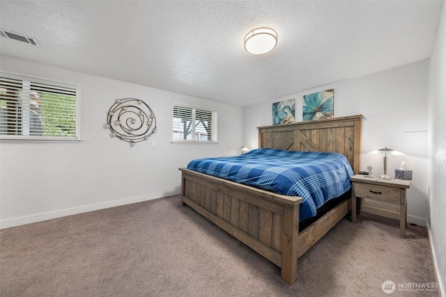 bedroom featuring a textured ceiling, multiple windows, carpet flooring, and baseboards