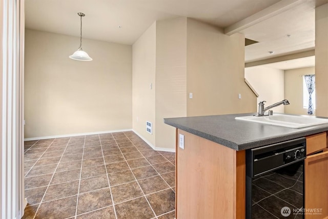 5305 Military Rd E Unit D, Tacoma, WA 98446 - kitchen featuring a sink, dark countertops, dishwasher, hanging light fixtures, and dark tile patterned flooring