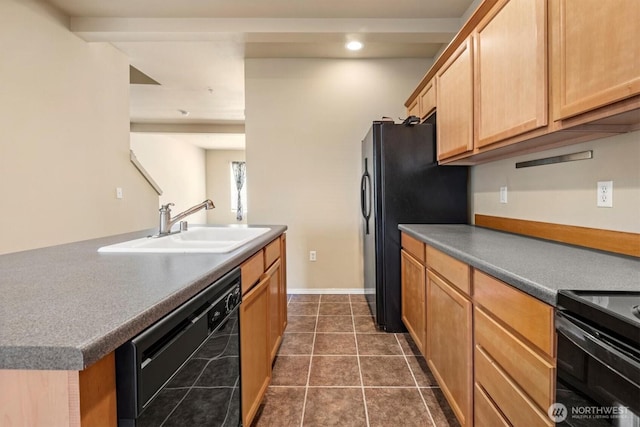 5305 Military Rd E Unit D, Tacoma, WA 98446 - kitchen with black appliances, a sink, dark tile patterned flooring, recessed lighting, and light brown cabinets
