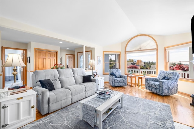 living area featuring vaulted ceiling and wood finished floors