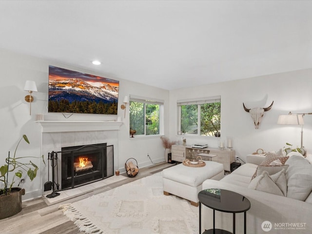 455 Newport Way NW Unit 302, Issaquah, WA 98027 - living area featuring wood finished floors, a fireplace with flush hearth, recessed lighting, and baseboards