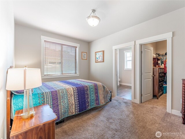carpeted bedroom featuring a spacious closet, a closet, and baseboards