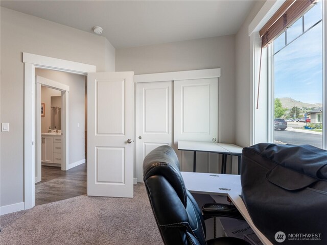 office area with carpet flooring and baseboards